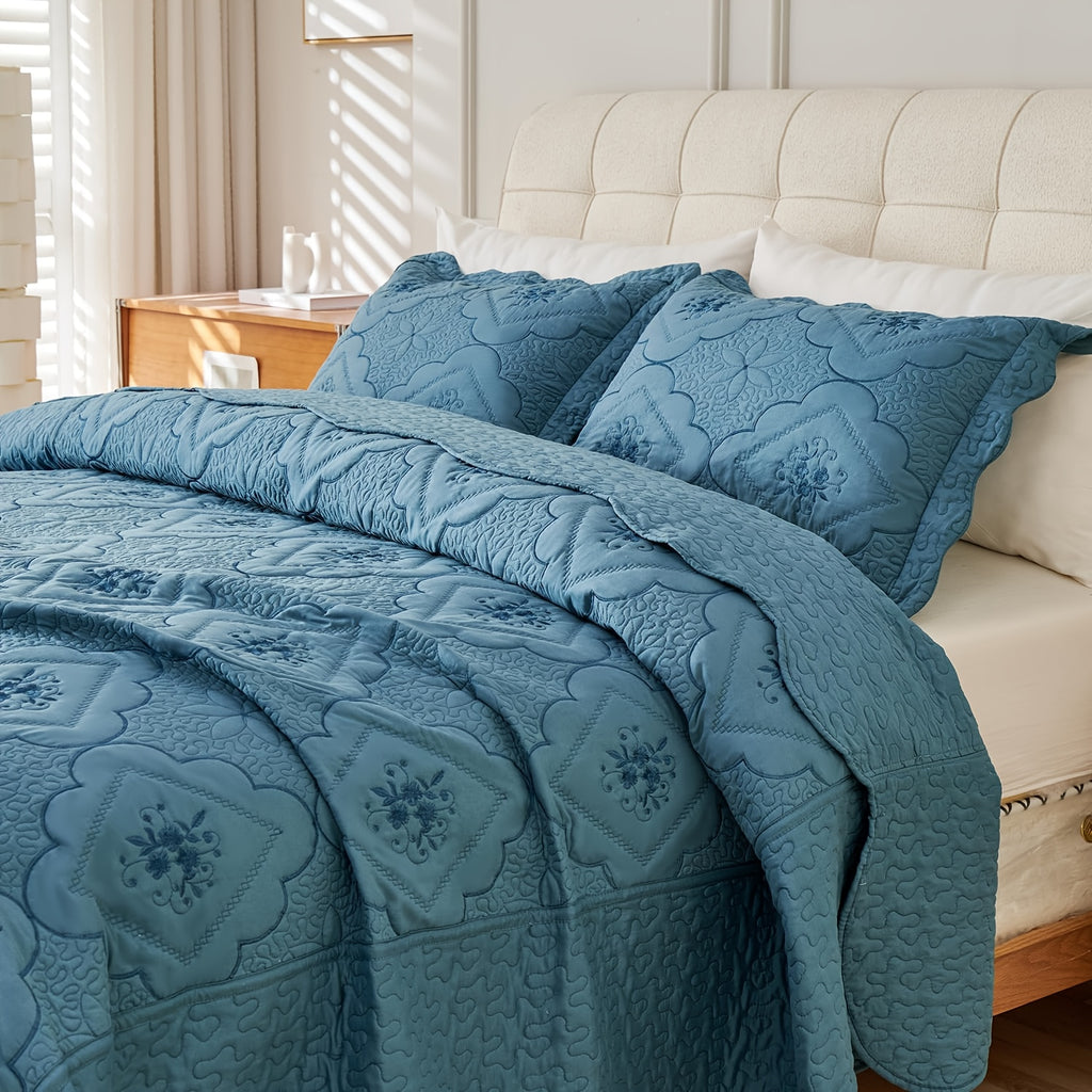 Quilted Embroidered Bedspread Set 3 Pcs – Floral Embroidery, 100% Polyester, Wrinkle-Resistant Lightweight Coverlet for Queen & King Bedroom Decor, 16 Colors