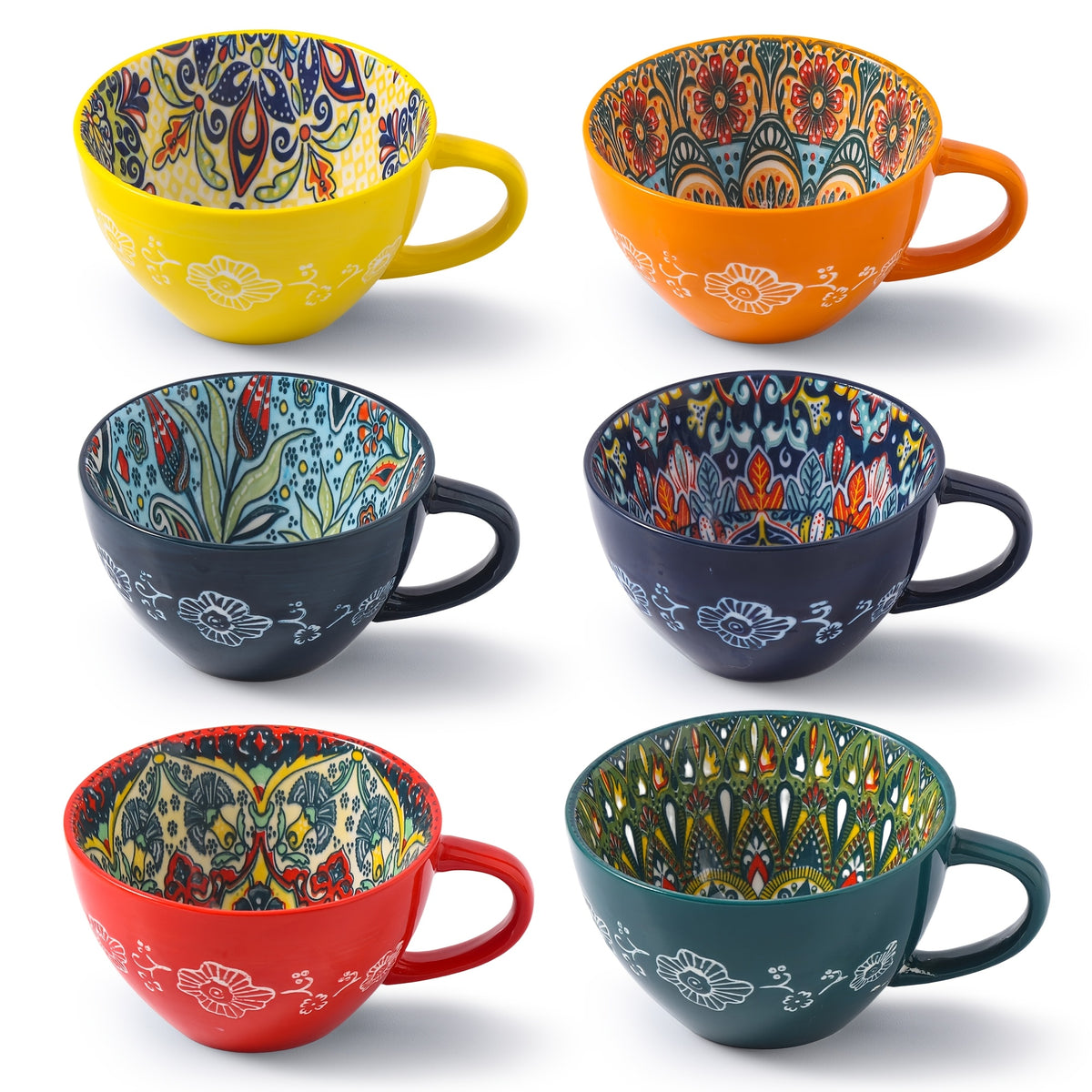 Bohemian Ceramic Breakfast Mugs Set of 6 – 15oz Large Coffee Mugs Microwave Safe for Hot & Cold Drinks – Holiday Gift for Halloween Thanksgiving Christmas
