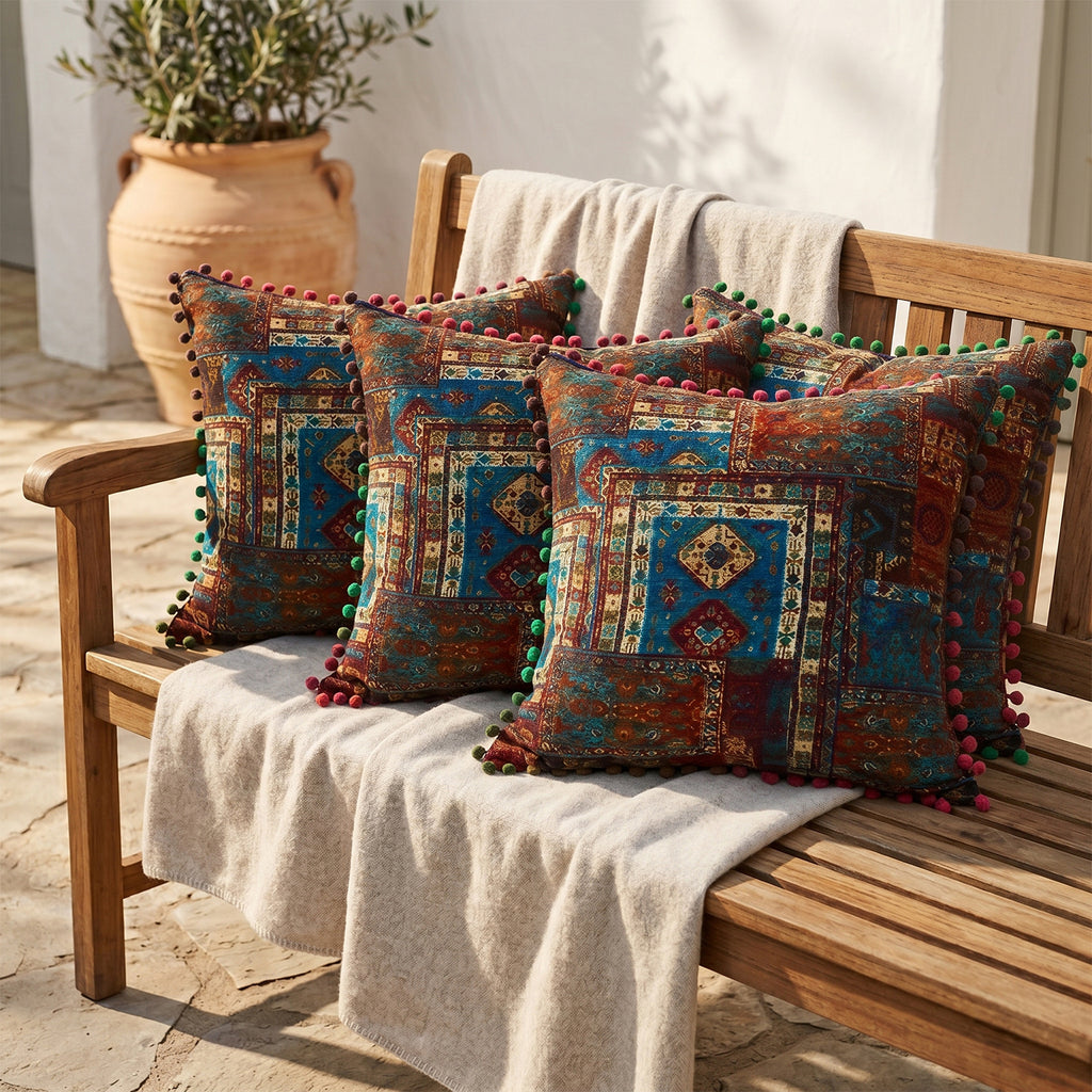 2-Pack Turkish Moroccan Throw Pillows with Inserts Reversible Floral Boho Decorative Pillow 18x18 Inch Polyester Square Cushion Zip Cover for Sofa Couch Bedroom Living Room 7 Colors