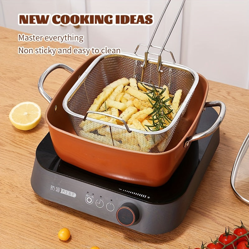 Deep Fryer Set with Strainer 4 Piece Large Capacity Oil Strainer Fryer Easy to Clean for Home Cooking French Fries Steaks Family Meals