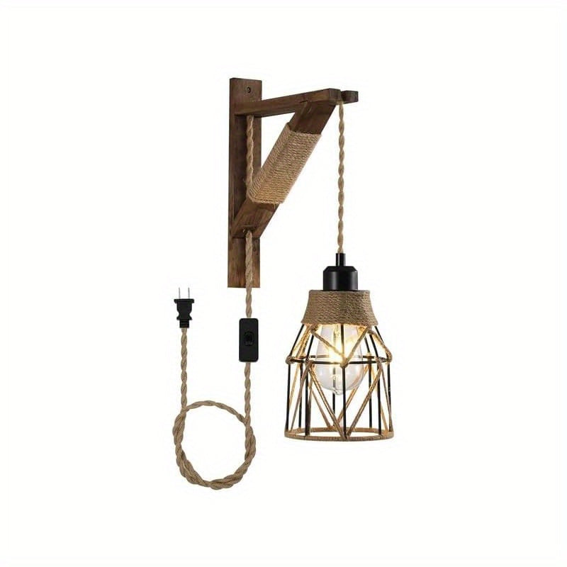 Plug-In Wall Sconces Farmhouse Rustic Metal Cage with Wooden Bracket – Hanging Lamps That Plug Into Wall Outlet for Bedroom, Living Room & Headboard – 1 or 2 Pack