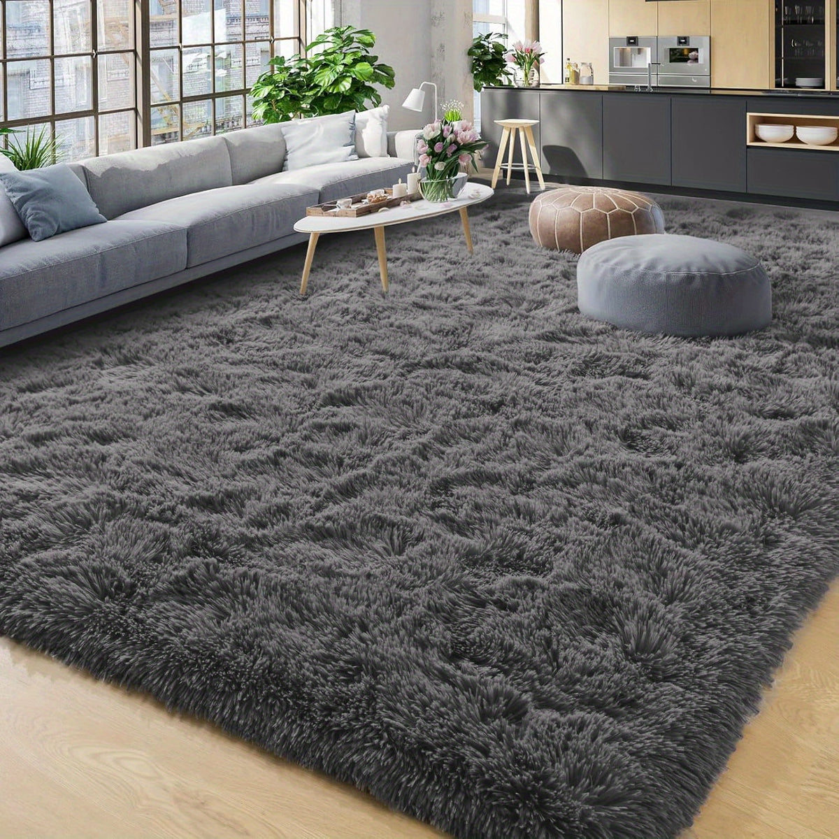Tie-Dye & Solid Plush Rectangular Area Rug 5x8 Ft – Soft Fluffy Non-Slip Machine Washable Carpet for Living Room, Sofa Side & Bedroom Decor