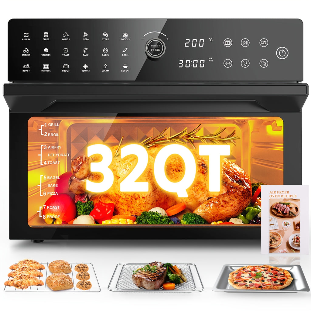 32-Quart 20-in-1 Air Fryer Oven & Toaster Oven Combo, 1800W, 360° Hot Air Circulation, 12 Cooking Modes, Clear Door, 13" Pizza Pan & 7 Accessories — Fits 13-lb Turkey, 86–450°F, Black