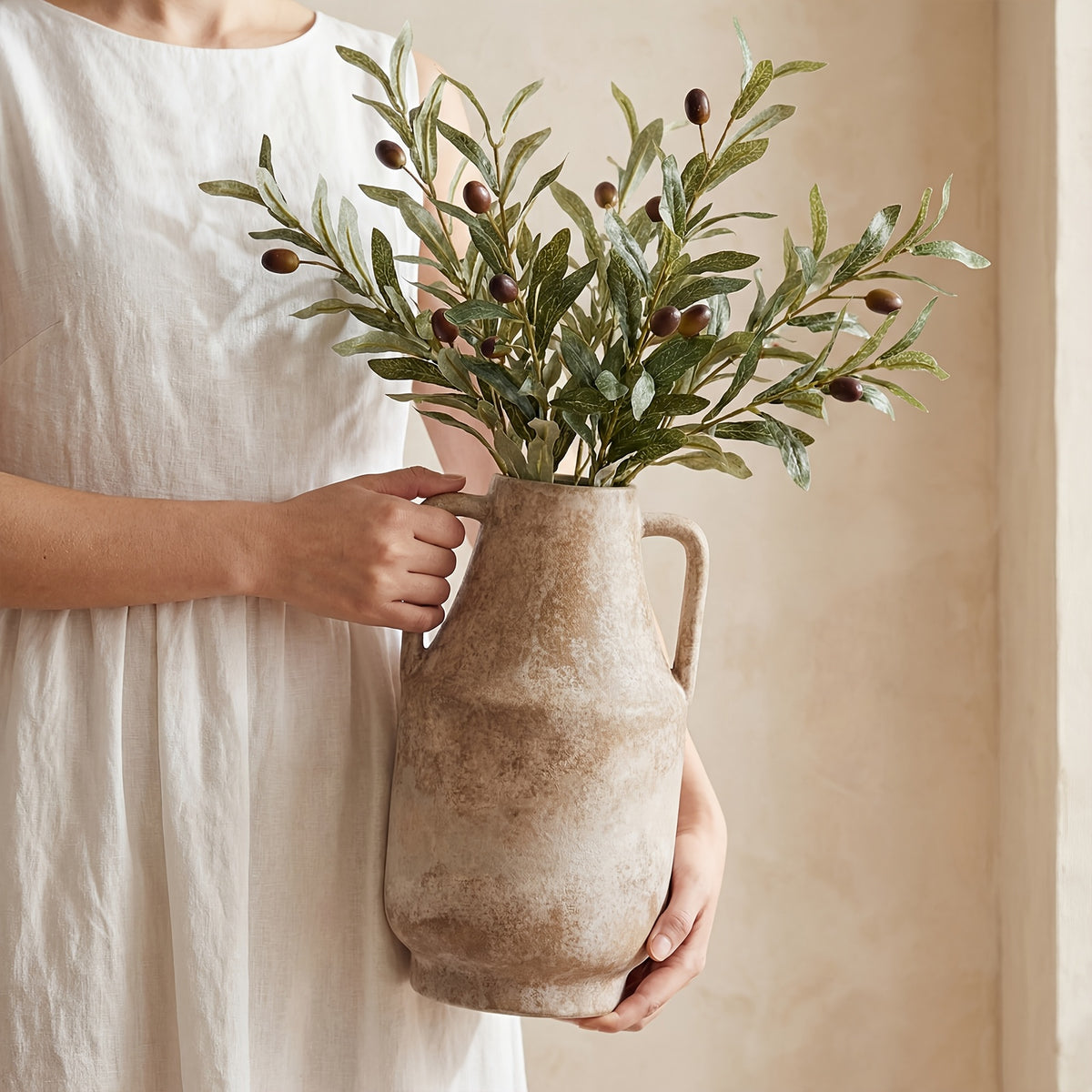 Large Rustic Farmhouse Ceramic Vase 11 Inch Tall, Vintage Retro Table Vase Centerpiece for Coffee Table, Fireplace Mantel, Bookshelf & Living Room, Ceramic Flower Holder for Home Decoration