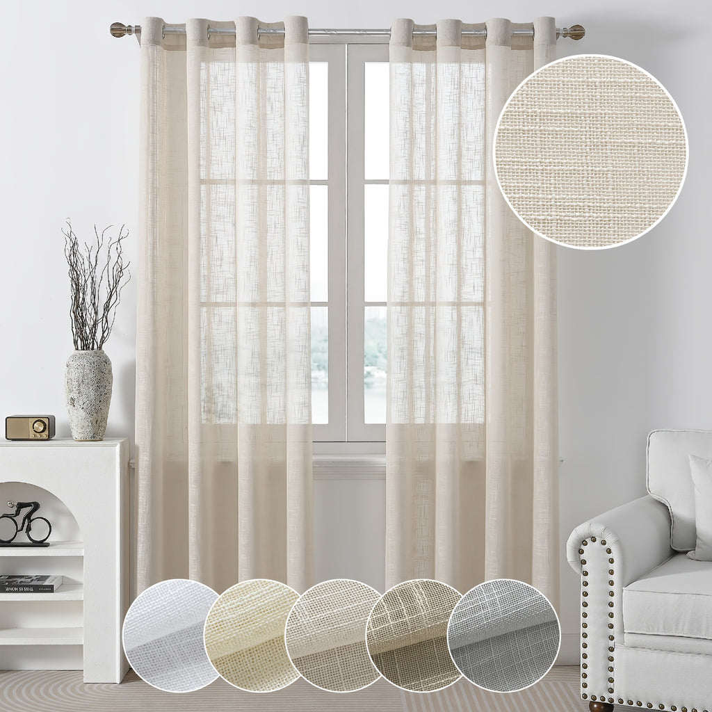 Linen Textured Semi-Sheer Grommet Curtains – Light Filtering Farmhouse Panels | Set of 2