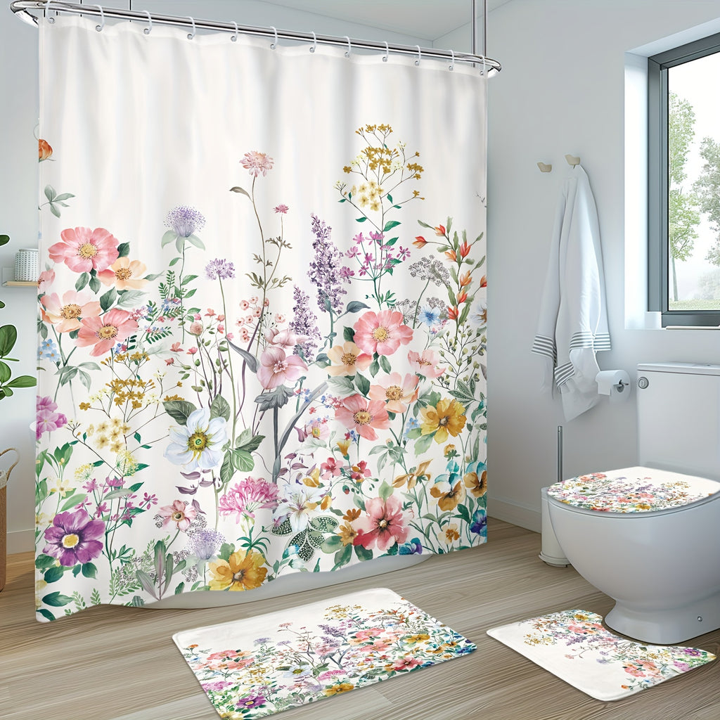 Wildflower Shower Curtain Set 4 Piece – Watercolor Lavender Lilac Floral Bathroom Decor with Non-Slip Mat, Toilet U-Shape Mat & Lid Cover + 12 Hooks | Botanical Bath Set