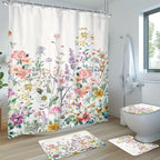 Wildflower Shower Curtain Set 4 Piece – Watercolor Lavender Lilac Floral Bathroom Decor with Non-Slip Mat, Toilet U-Shape Mat & Lid Cover + 12 Hooks | Botanical Bath Set