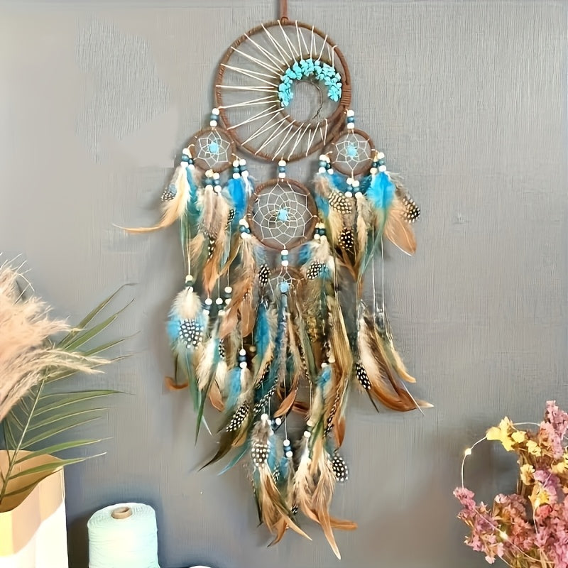 Handmade Feather Dreamcatcher Wall Hanging – Tree of Life Bohemian Wall Decor with Blue Green Brown Plumes, Boho Dream Catcher for Bedroom Living Room Nursery, Spiritual Home Decor Gift