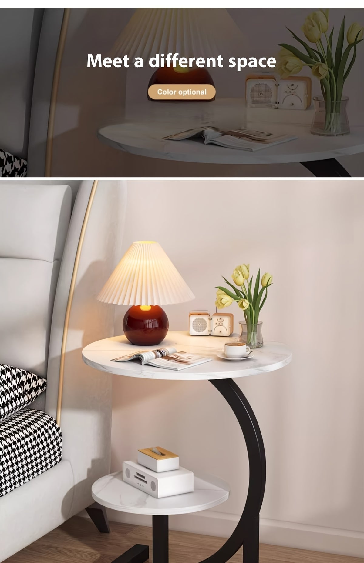 Solid Wood Round Coffee Table – Modern Double-Layer Sofa Side Table for Living Room Bedroom Balcony, Lightweight Luxury Design, White & Black