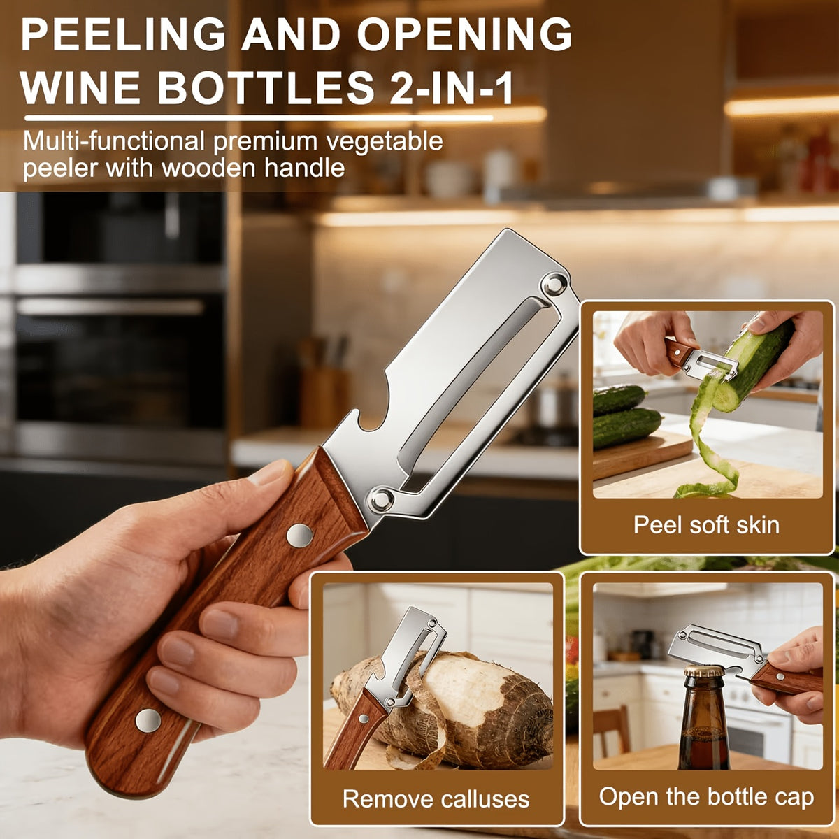 Vegetable Peeler and Slicer Set Stainless Steel with Wooden Handle – 2-Piece Kitchen Gadget with Scallion Cutter, Straight Blade & Built-In Bottle Opener