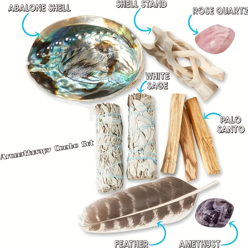 Sage Smudge Cleansing Kit Complete Set – White Sage, Palo Santo Sticks, Abalone Shell with Stand, Crystal Stones & Feather for Home Purification, Spiritual Decor & Holiday Gift