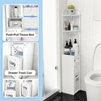 47-Inch Slim Floor Bathroom Storage Cabinet with Toilet Paper Holder & Hidden Trash Can – Narrow PVC Space-Saving Organizer Shelf for Small Bathroom, Apartment, Dorm, Kitchen, Laundry Room & Entryway