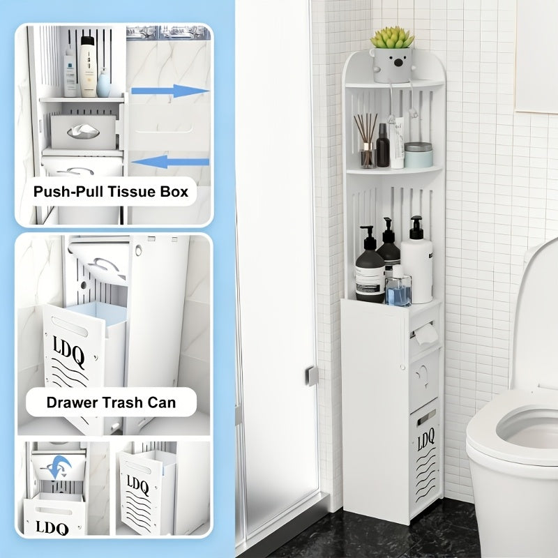 47-Inch Slim Floor Bathroom Storage Cabinet with Toilet Paper Holder & Hidden Trash Can – Narrow PVC Space-Saving Organizer Shelf for Small Bathroom, Apartment, Dorm, Kitchen, Laundry Room & Entryway