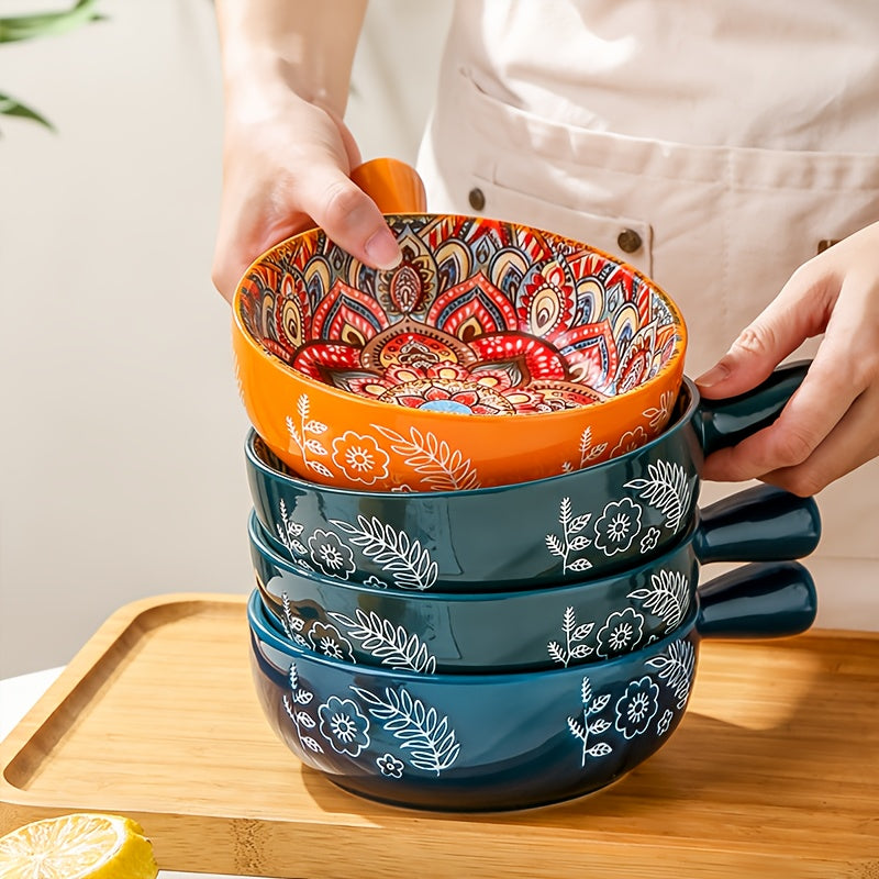 Bohemian Noodle Bowl Set with Lids Microwave Dishwasher & Oven Safe – Ceramic Soup Salad Fruit Meal Prep Bowls for Home, Office & Travel – 4 or 8 Piece