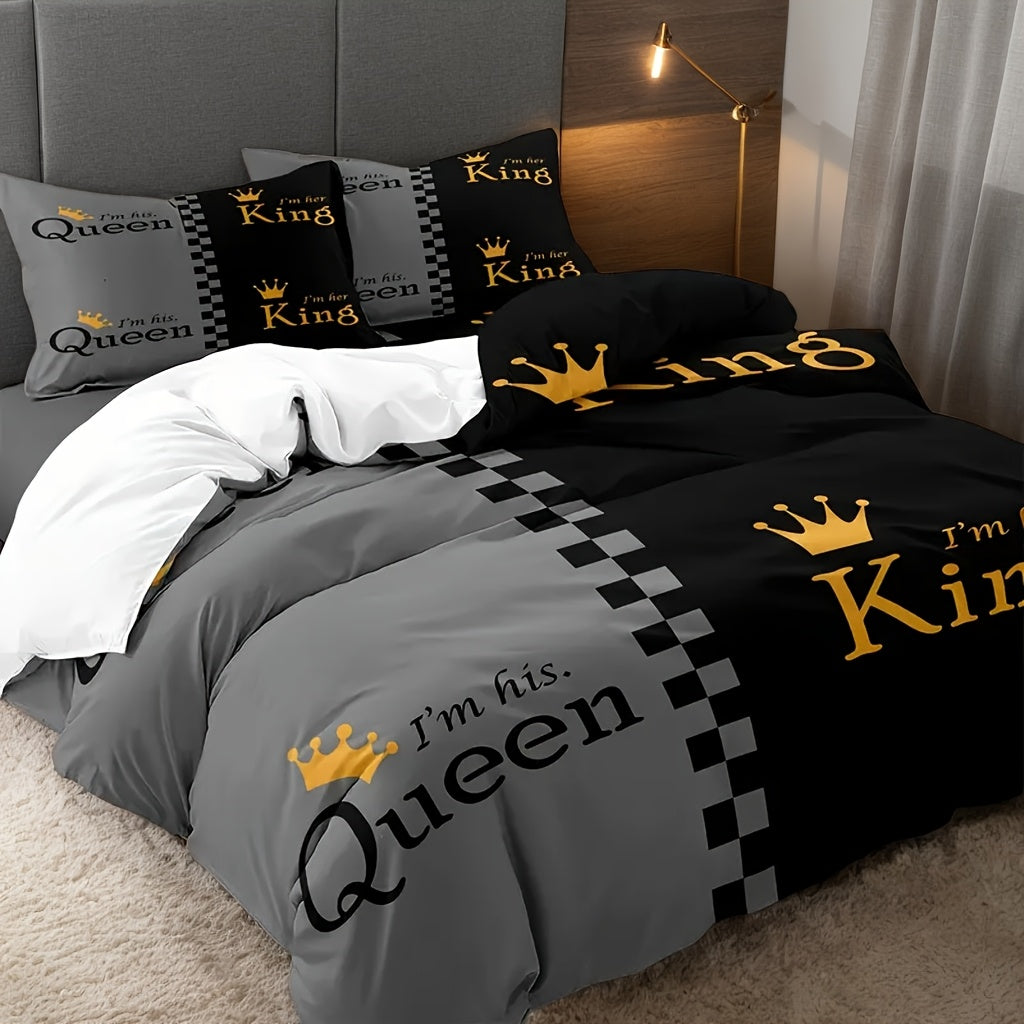 Valentine's Day Duvet Cover Set 3pcs – Crown Queen & King Print Soft Breathable Polyester Bedding, Machine Washable, Includes Duvet Cover & 2 Pillow Covers, Romantic Gift for Couples