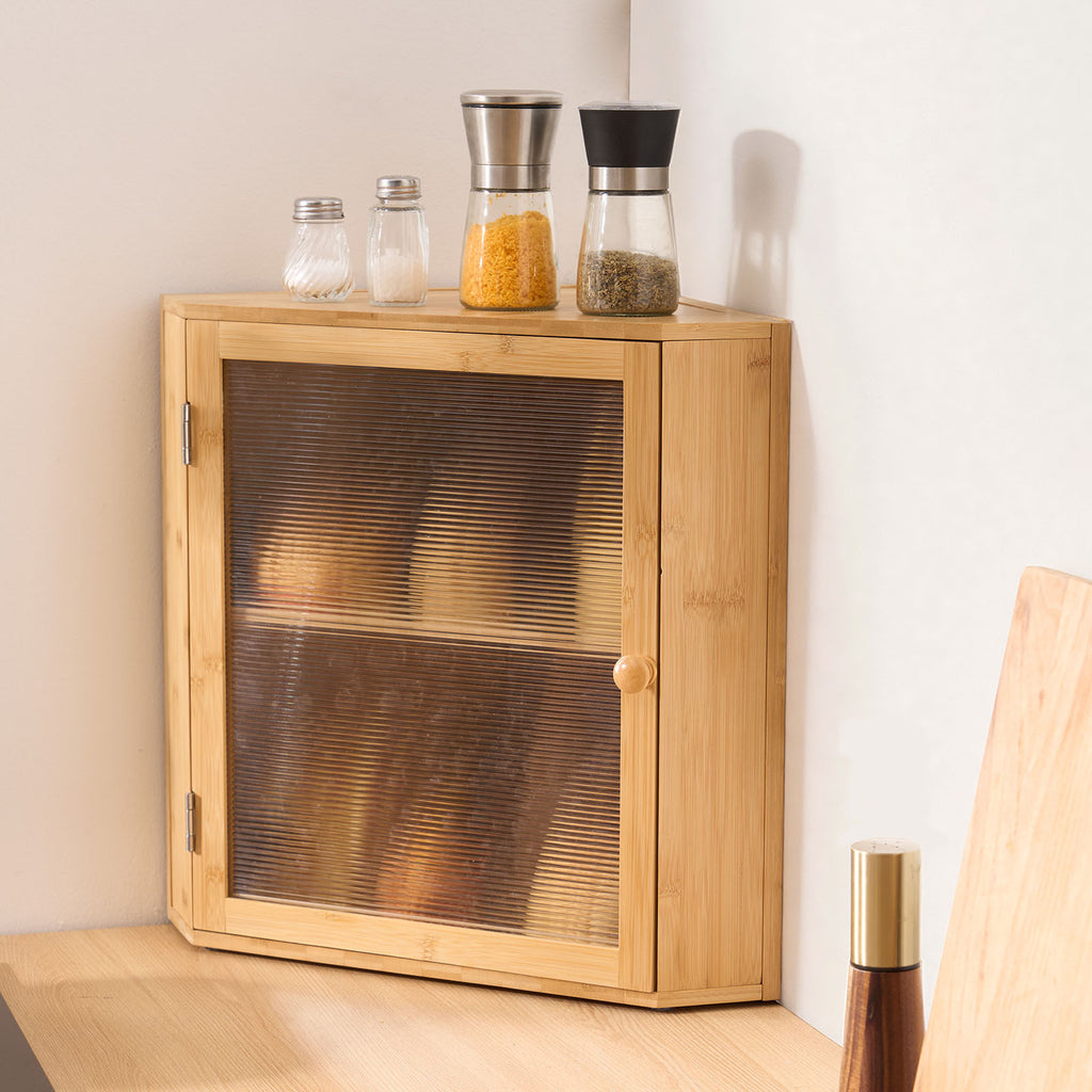 Corner Bread Box for Kitchen Counter Double Layer Bamboo Bread Storage Bin with Adjustable Divider & Acrylic Door - Space Saving Natural