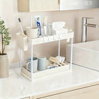 Bathroom Shelves Set of 2 – Punch-Free Retractable 2-Tier Storage Rack with Hooks & Hanging Cups for Bathroom, Kitchen & Laundry