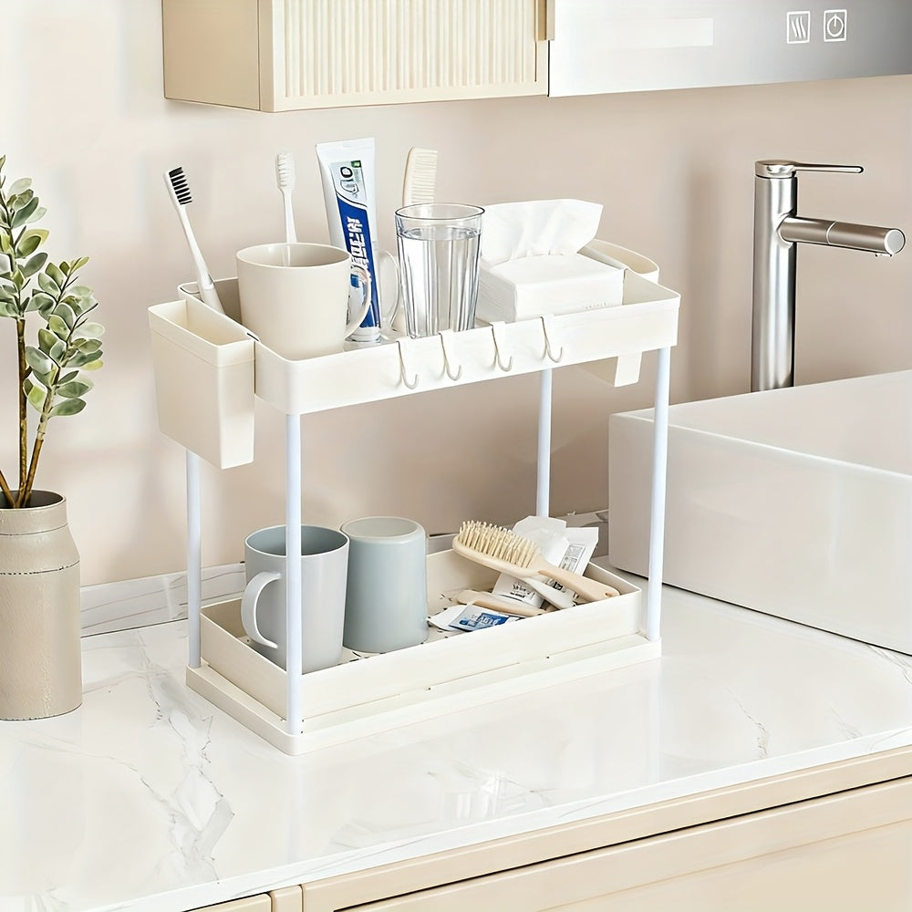 Bathroom Shelves Set of 2 – Punch-Free Retractable 2-Tier Storage Rack with Hooks & Hanging Cups for Bathroom, Kitchen & Laundry