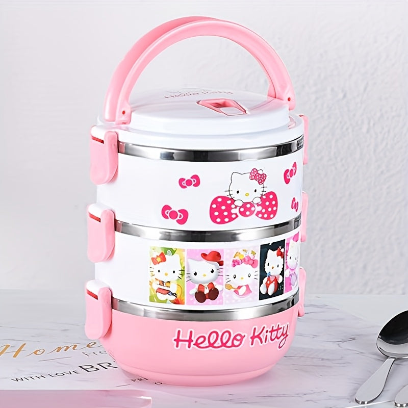 Hello Kitty Stainless Steel Lunch Box Bento Box for Girls - Officially Licensed Sanrio Cute Pink 2-Tier & 3-Layer Portable Lunch Container for School Picnic Kids Women, Food-Safe 304 Steel