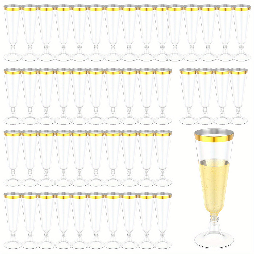 Plastic Champagne Flutes 50 Pack Gold Rim Shatterproof Reusable Wedding Party Glasses 5oz Clear PP Toasting Flute Set for Weddings Parties Buffets