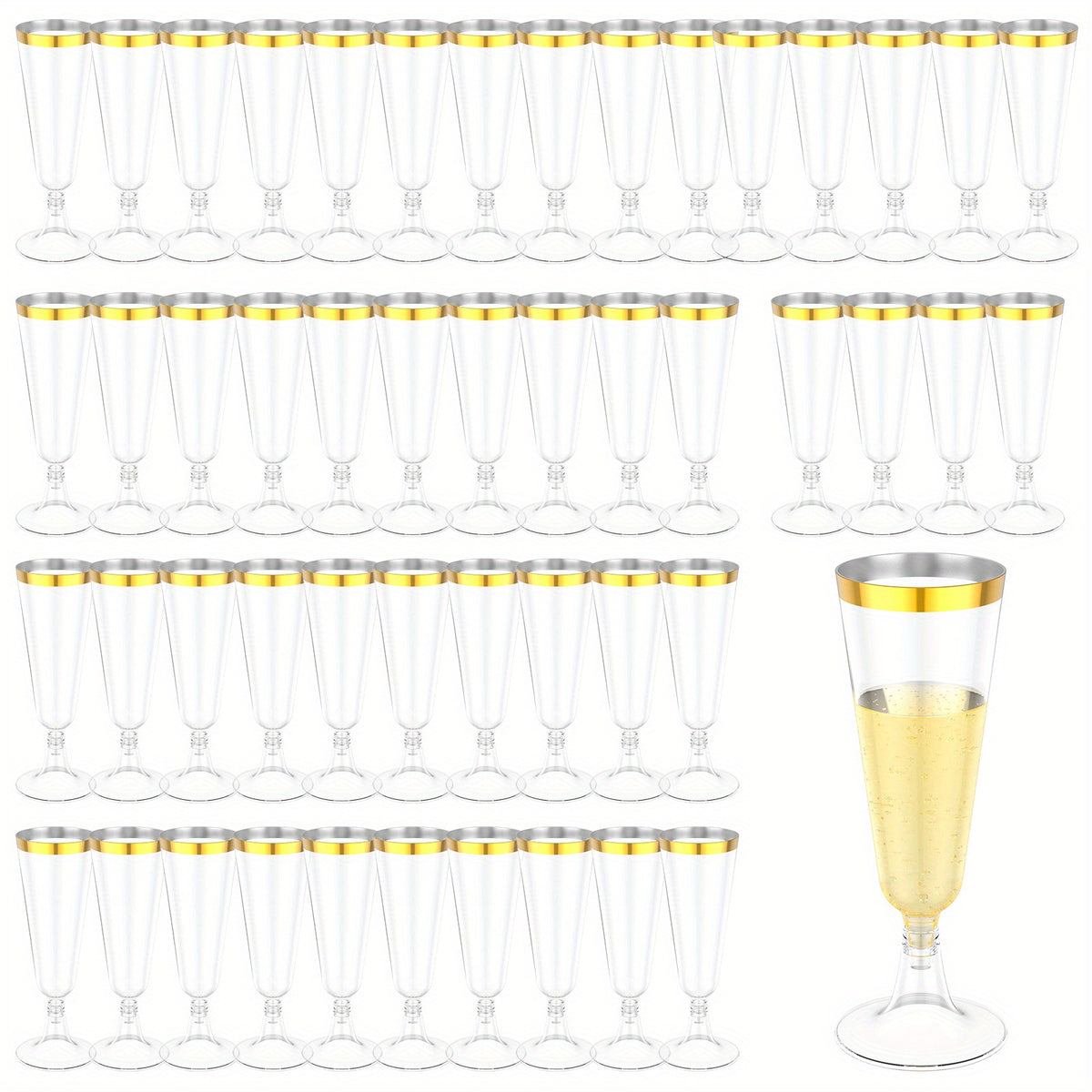 Plastic Champagne Flutes 50 Pack Gold Rim Shatterproof Reusable Wedding Party Glasses 5oz Clear PP Toasting Flute Set for Weddings Parties Buffets