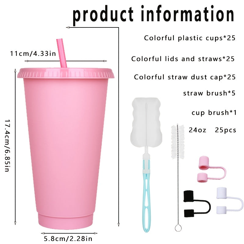 25-Pack Reusable Party Cups 24oz with Lids, Straws & Dust Plugs – Large Plastic Tumblers for Iced Coffee Smoothies Cold Drinks, Includes Cleaning Brush, Multiple Colors