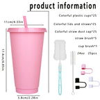 25-Pack Reusable Party Cups 24oz with Lids, Straws & Dust Plugs – Large Plastic Tumblers for Iced Coffee Smoothies Cold Drinks, Includes Cleaning Brush, Multiple Colors