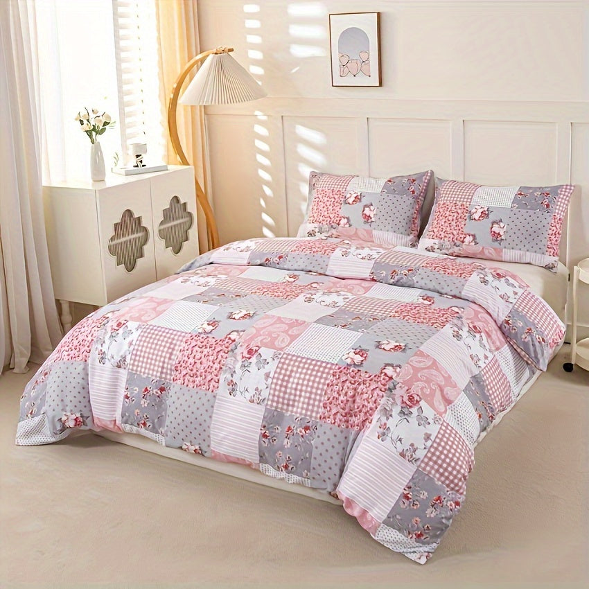 Floral Print Duvet Cover Set 3pcs – Soft Breathable Splicing Floral Light Pink, Zip Closure, Machine Washable, 1 Duvet Cover + 2 Pillowcases, Twin to King, All-Season Bedding