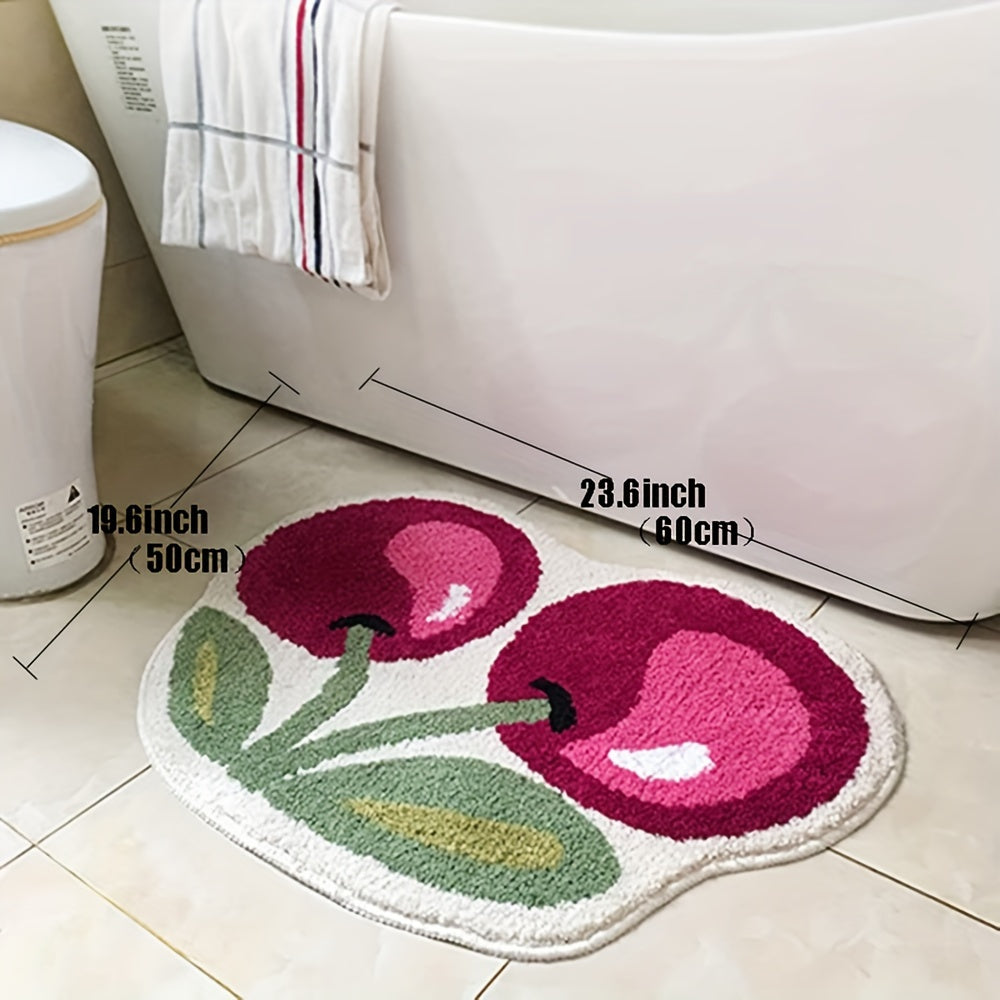 Cherry Shaped Bath Mat Fluffy Velvet Non-Slip Bathroom Rug - Cute Novelty Shower Mat 19.6x23.6 Inch, Machine Washable Fun Artistic Bathroom Door Rug & Foot Pad for Shower or Tub