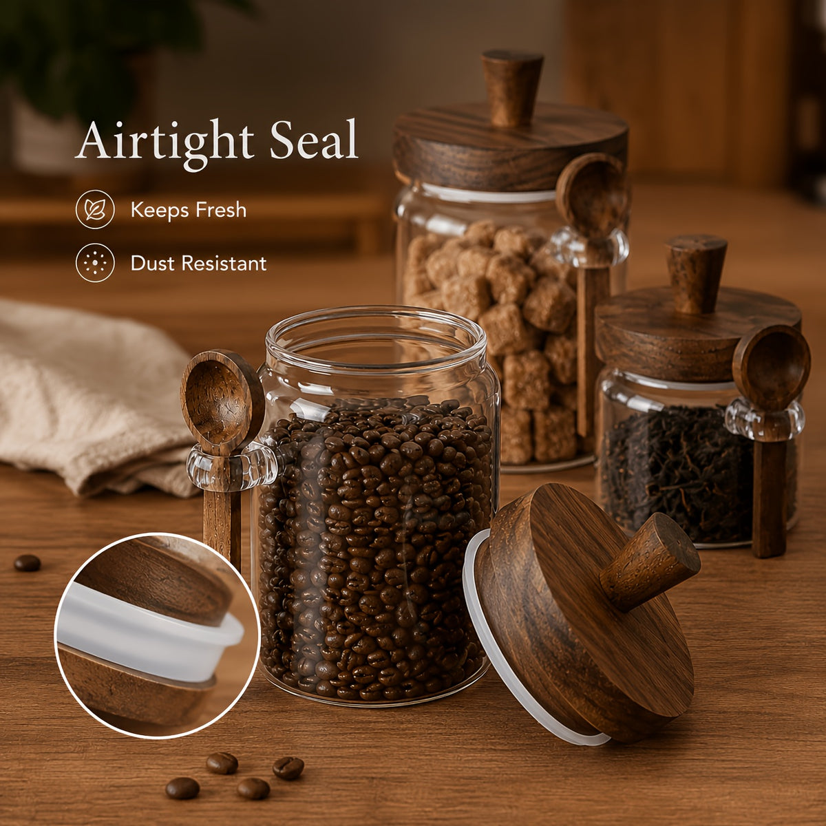 Airtight Glass Canisters Set of 3 with Spoon - Leak-Proof Kitchen Storage Jars for Coffee, Sugar, Flour & Tea, Round Glass Jars with Dark Brown Lids for Pantry & Countertop