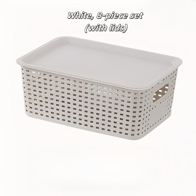 Plastic Storage Basket Set of 8 with Lids - Desktop & Shelf Organization Bins for Documents, Office, Home & Bedroom Storage, Multi-Functional Stackable Baskets - Grey, Black & White