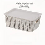 Plastic Storage Basket Set of 8 with Lids - Desktop & Shelf Organization Bins for Documents, Office, Home & Bedroom Storage, Multi-Functional Stackable Baskets - Grey, Black & White