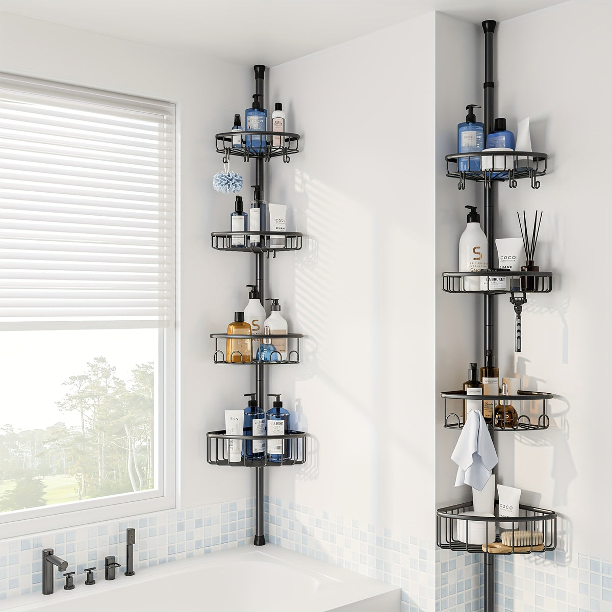 4-Tier Corner Shower Storage Rack No-Drill Telescopic Floor Standing Organizer – Rust-Resistant Stainless Steel, Adjustable 47–121 Inch, Bathtub Shampoo Shelf in Black