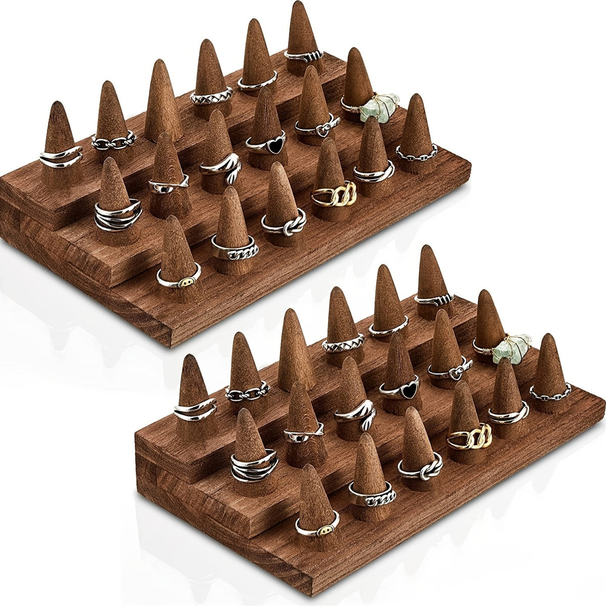 Solid Wood Ring Display Stand Jewelry Tower – 3-Tier Holds 18 Rings or 2-Tier Holds 12 Rings Elegant Ring Organizer for Home Decor Showcase Storage