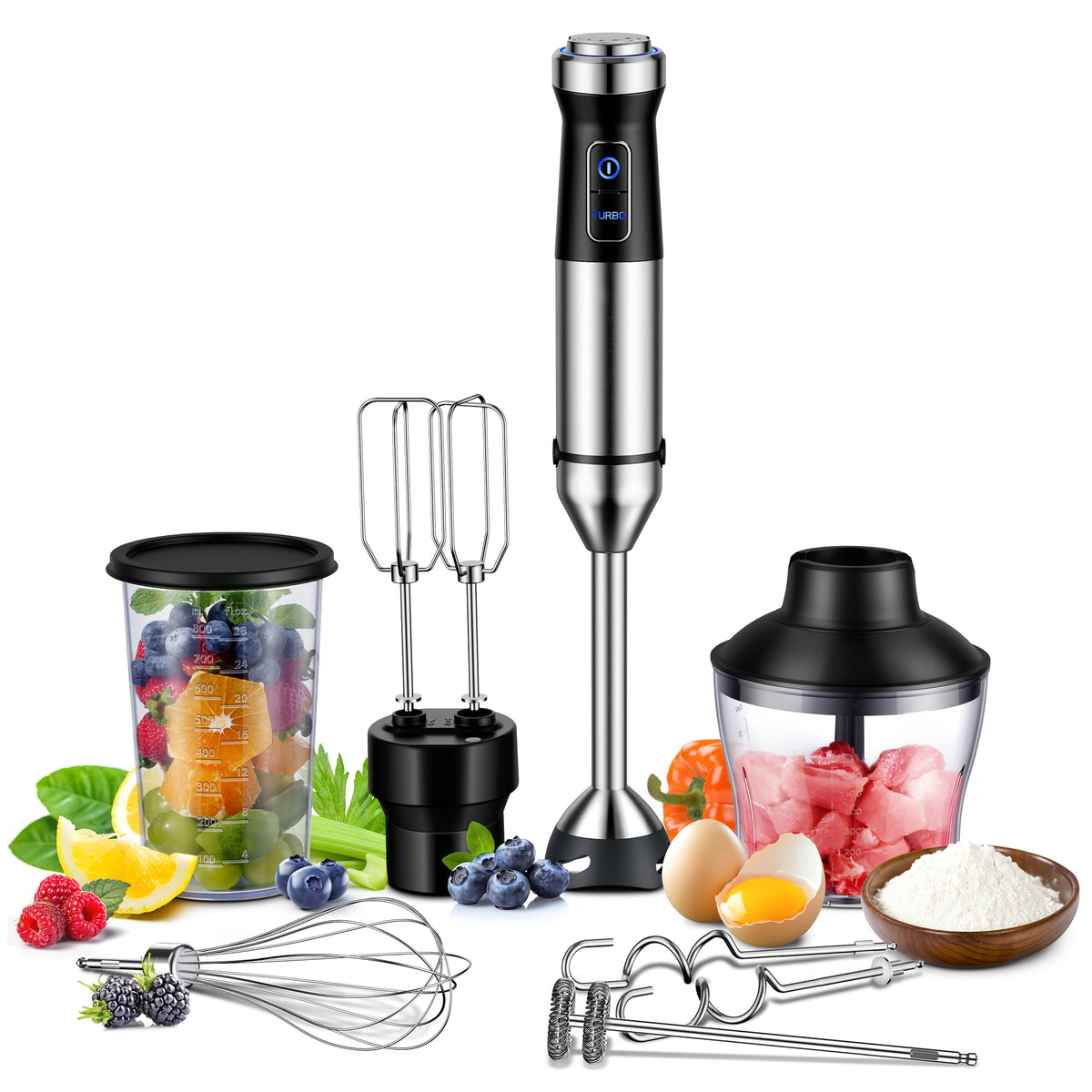 7-in-1 Immersion Blender Handheld 1000W 20-Speed Turbo with Dough Hooks, Egg Beater, Whisk, Beaker & Chopper – BPA-Free Stick Blender