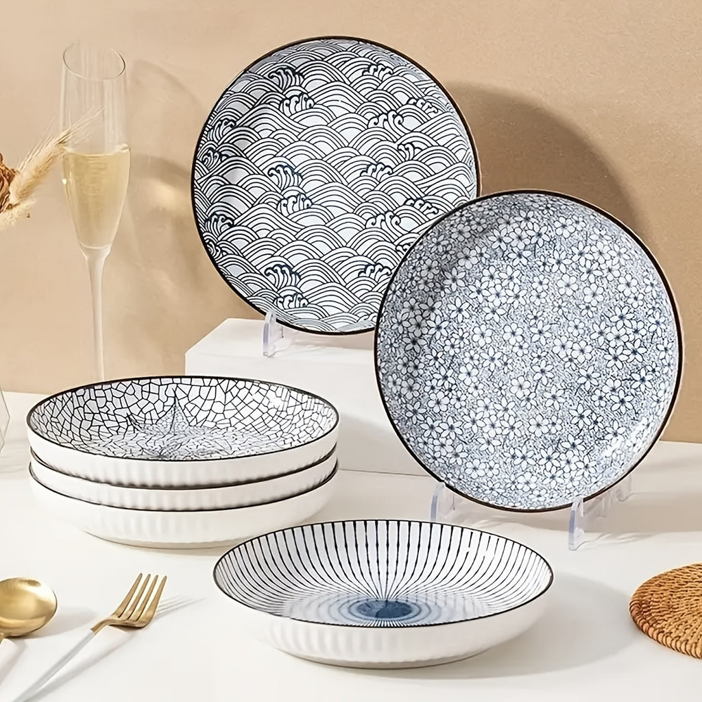 Nordic Ceramic Dinner Plates 8-Inch Set of 4 – Yamada Pattern & Springlight Stripe Serving Plates Underglaze Color Non-Slip Edge Round Steak Plate for Home Kitchen Dining