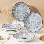 Nordic Ceramic Dinner Plates 8-Inch Set of 4 – Yamada Pattern & Springlight Stripe Serving Plates Underglaze Color Non-Slip Edge Round Steak Plate for Home Kitchen Dining