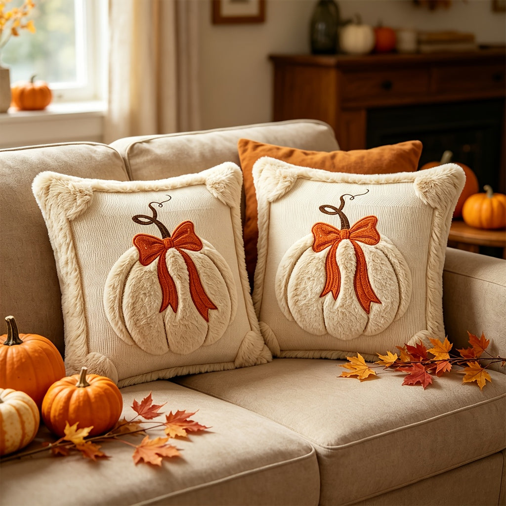 Plush Pumpkin Bow Pillow Covers Set of 2, 18x18 Inch Soft Seasonal Pillowcases for Thanksgiving, Halloween & Christmas – Decorative Throw Pillow Covers for Sofa Bed Home Decor, Beige & Caramel