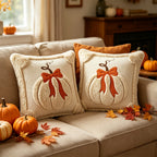 Plush Pumpkin Bow Pillow Covers Set of 2, 18x18 Inch Soft Seasonal Pillowcases for Thanksgiving, Halloween & Christmas – Decorative Throw Pillow Covers for Sofa Bed Home Decor, Beige & Caramel