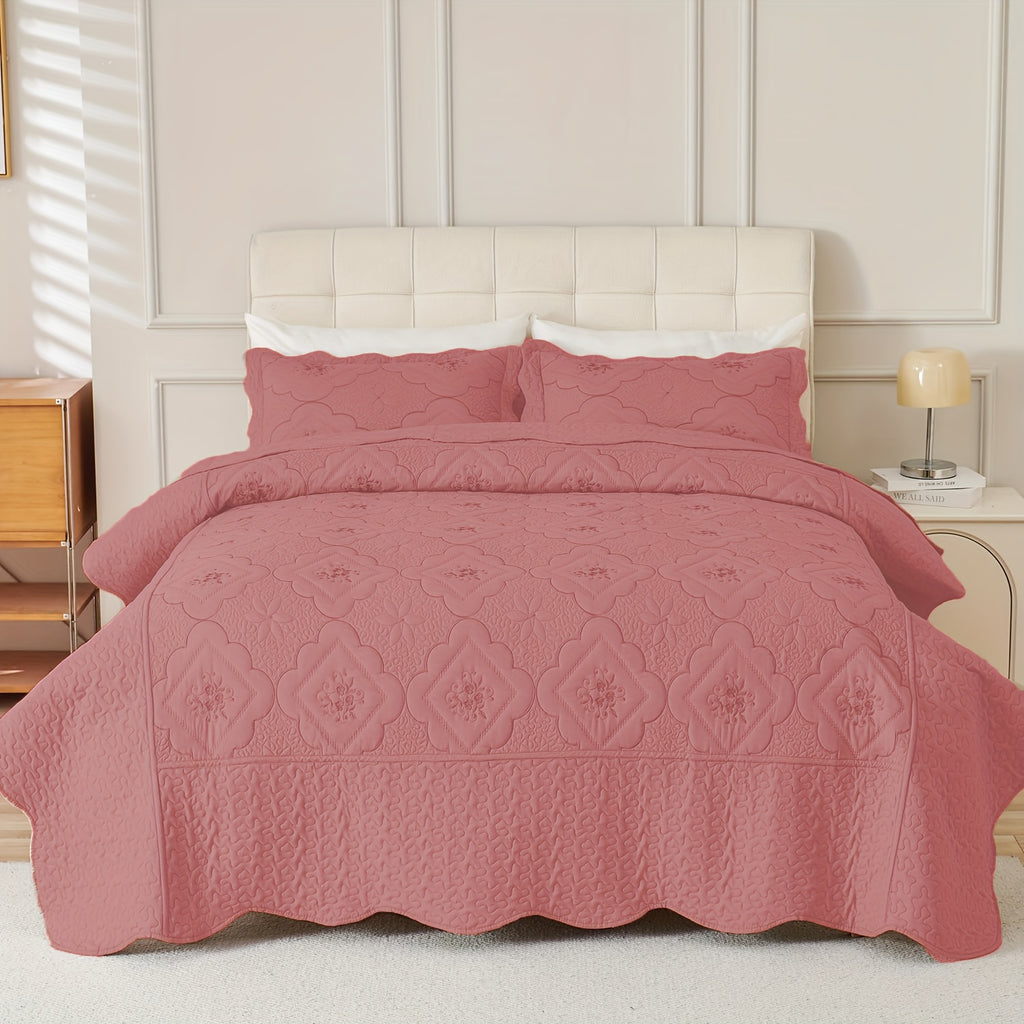 Quilted Embroidered Bedspread Set 3 Pcs – Floral Embroidery, 100% Polyester, Wrinkle-Resistant Lightweight Coverlet for Queen & King Bedroom Decor, 16 Colors