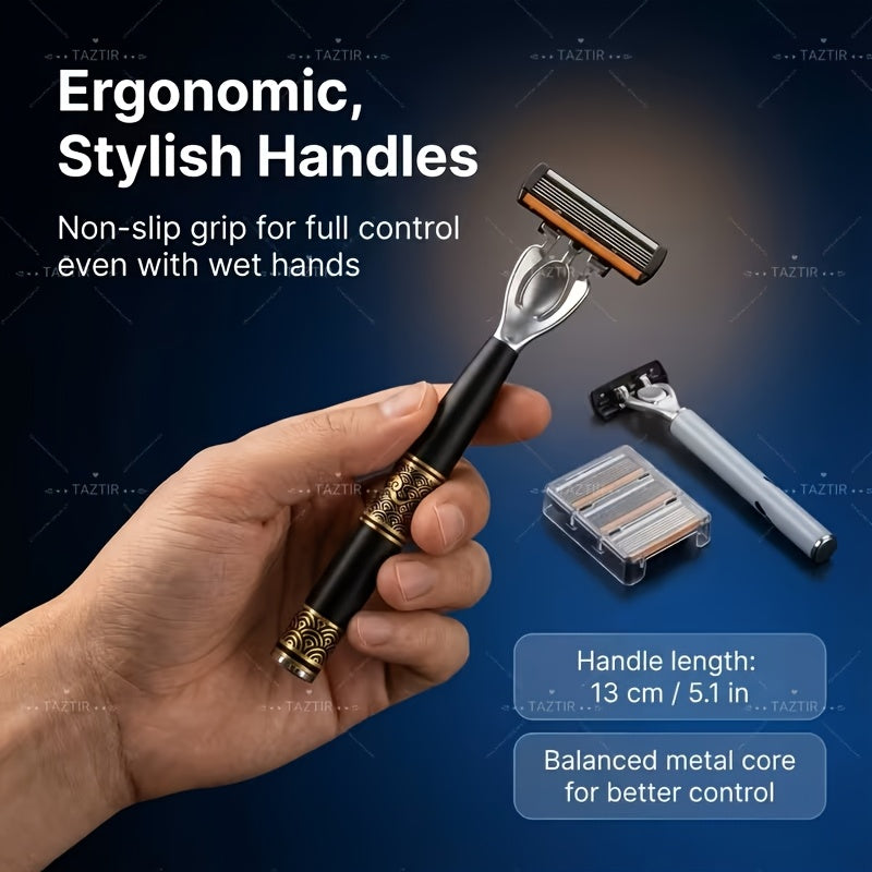 Men's Razor Shaving Kit 2 Handles 72 Blade Refills - Six-Layer Stainless Steel Safety Razor Set for Beard Mustache Grooming, Christmas Valentine Gift for Him