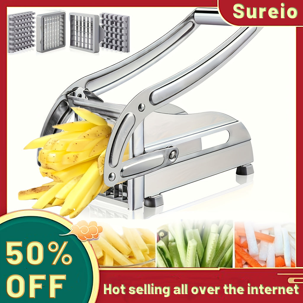 French Fry Cutter with 36 & 64 Hole Blades - Stainless Steel Potato Chipper Manual Slicer Dicer for Homemade Fries, Chips & Vegetables