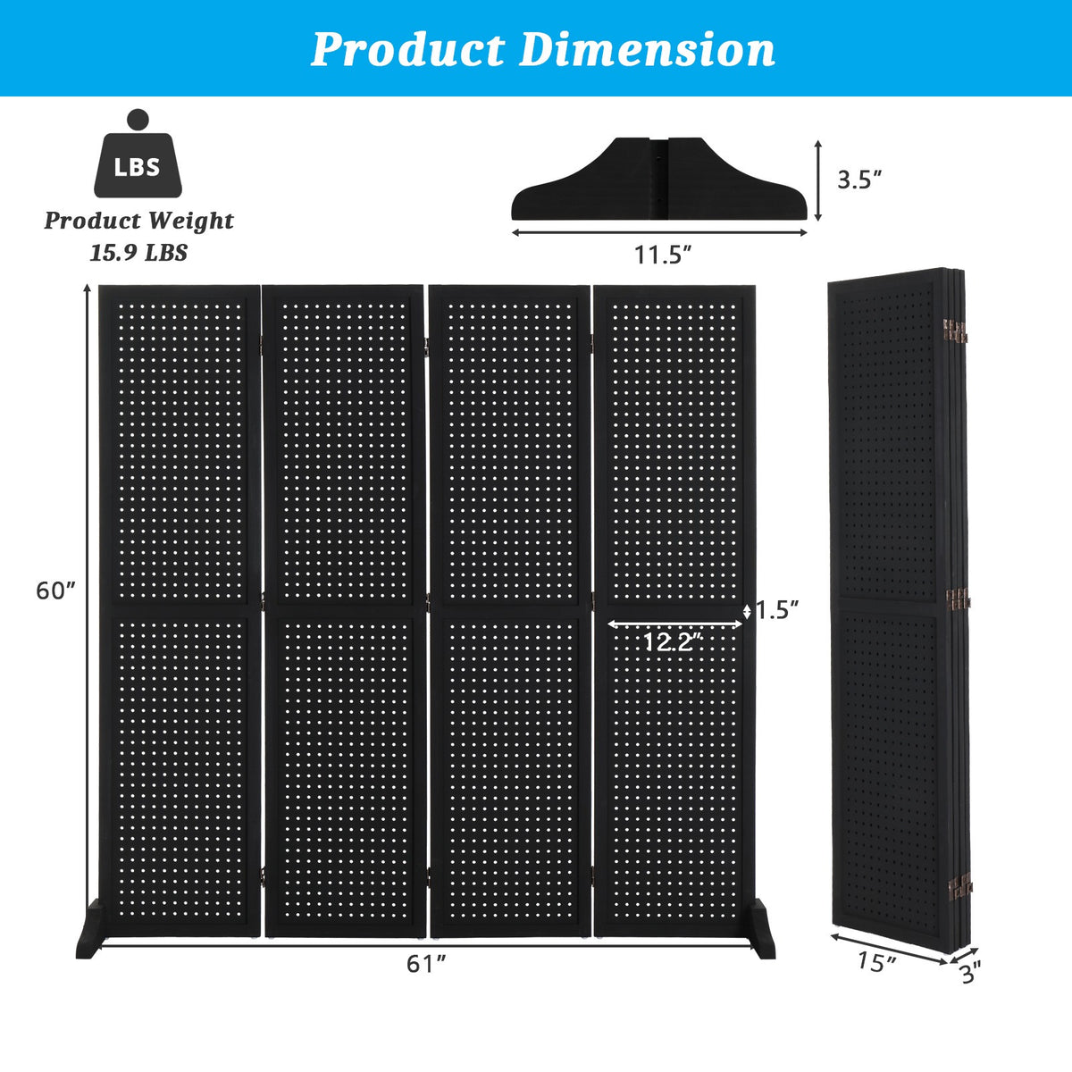 5 FT Freestanding Pegboard Room Divider | Wood Folding Privacy Screen & Display Board Organizer with Support Feet – White, Black, Natural, Grey | Craft Shows, Retail & Home