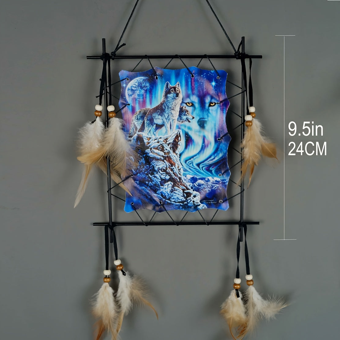 Wolf & Eagle Canvas Wall Art Set 2pc – Dream Catcher Style Framed Canvas Prints with Feather Accents for Living Room TV Wall Entryway Boho Decor