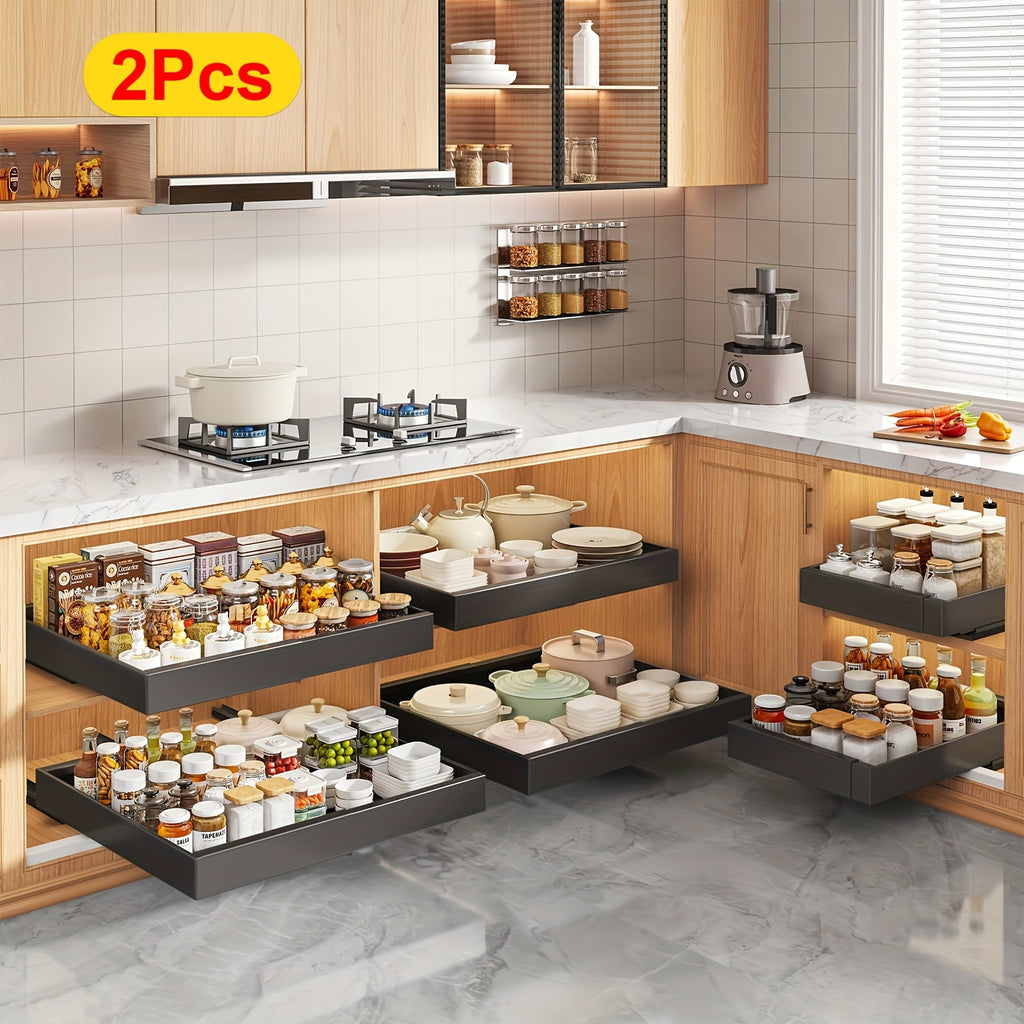 Sliding Cabinet Organizer Set of 4 – Carbon Steel Pull-Out Drawer Baskets with Expandable No-Drill Rolling Shelves for Kitchen Cabinet, Under-Sink Storage, Pantry & Refrigerator Shelf Organizer