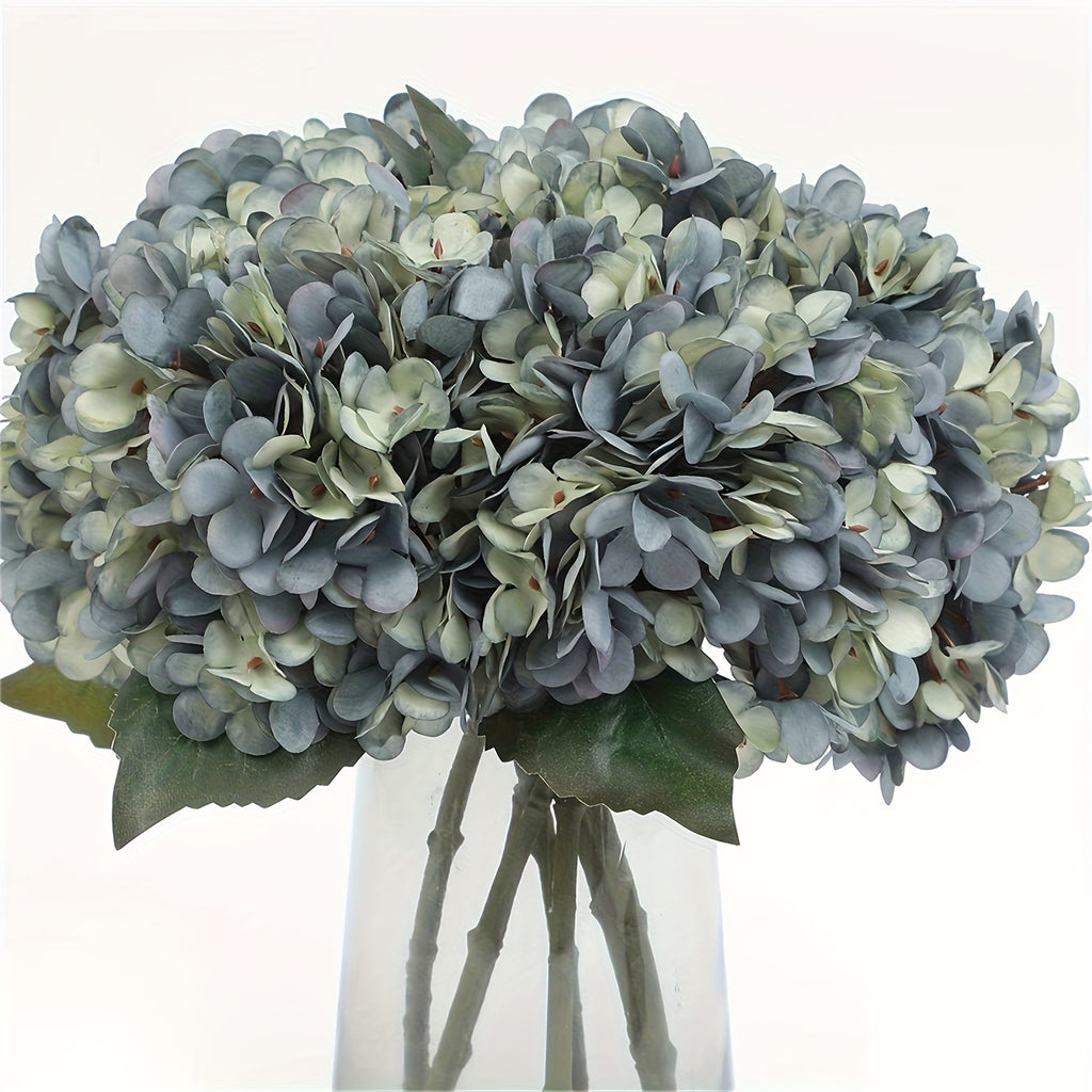 Faux Silk Blue Hydrangea Bouquets 4pcs Deep Lake Blue Artificial Flowers with Green Foliage Long Lasting Polyester Blooms for Home Wedding Event Floral Decor