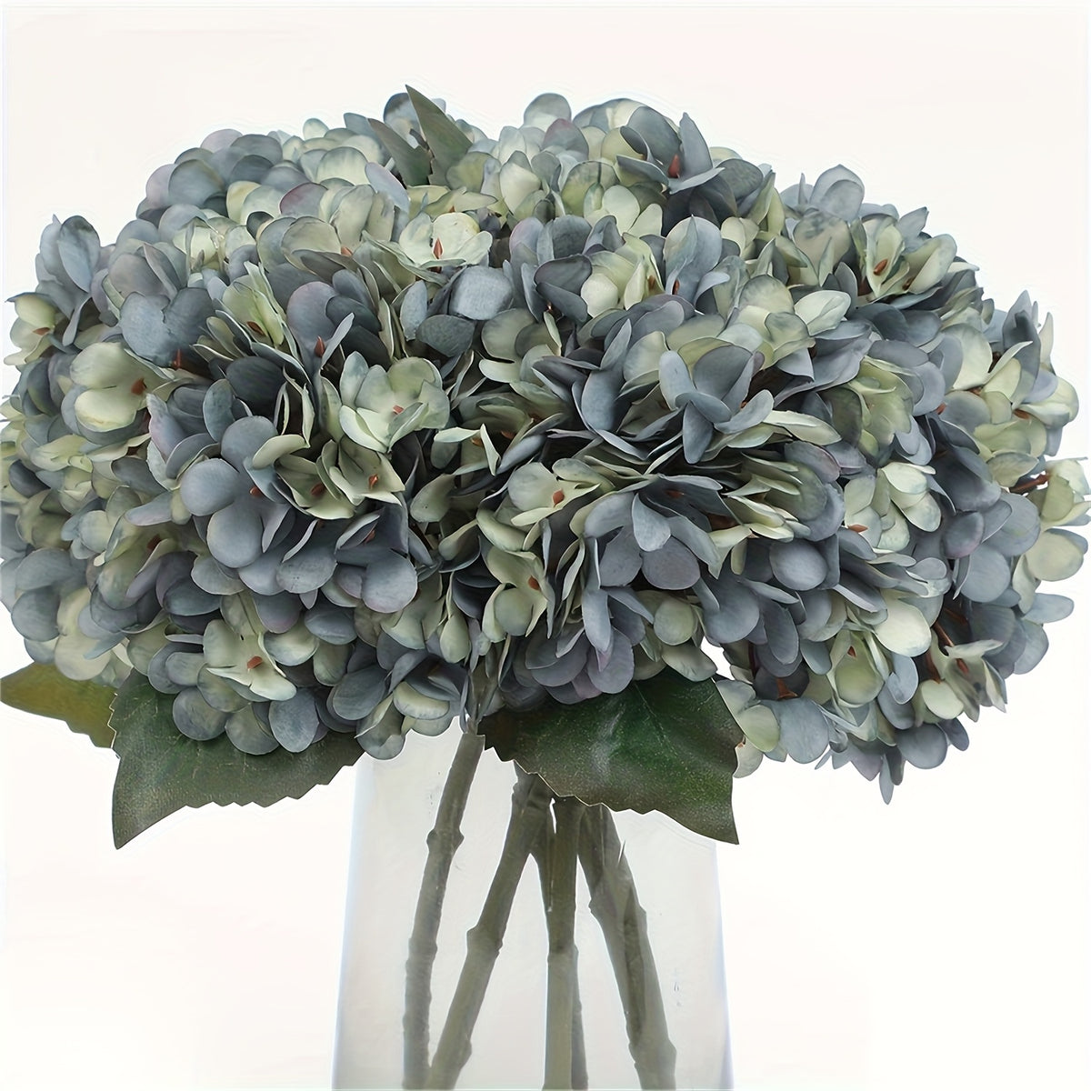 Faux Silk Blue Hydrangea Bouquets 4pcs Deep Lake Blue Artificial Flowers with Green Foliage Long Lasting Polyester Blooms for Home Wedding Event Floral Decor