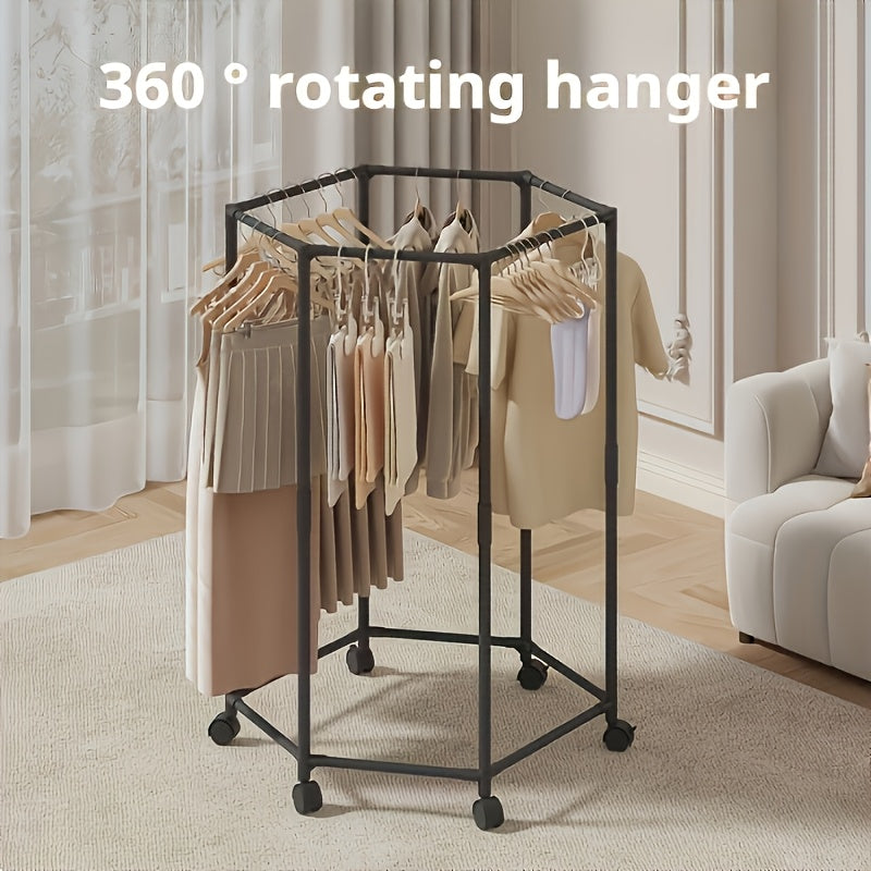 Hexagonal Rotating Clothes Rack with Wheels Large Capacity Freestanding Garment Rack for Bedroom Closet Entryway