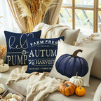 Fall Blue Pumpkin Throw Pillow Covers, Set of 4 – 18x18 Inch Rustic Farmhouse Autumn Cushion Cases for Sofa, Couch & Porch