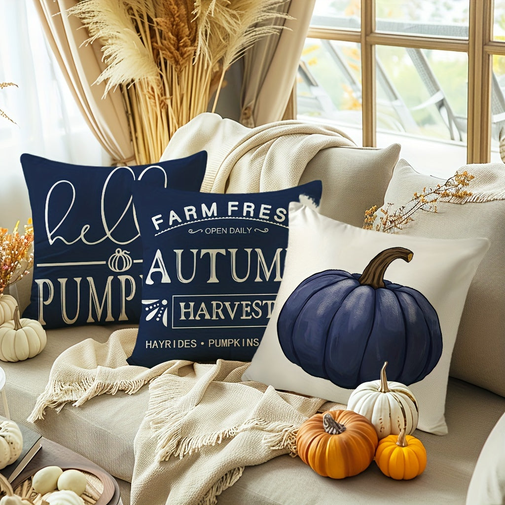 Fall Blue Pumpkin Throw Pillow Covers, Set of 4 – 18x18 Inch Rustic Farmhouse Autumn Cushion Cases for Sofa, Couch & Porch